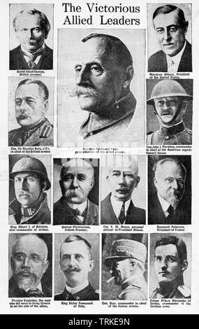 These photos date to World War I. The lead caption reads: The Victorious Allied Leaders. The individual labels read from left to right, top to bottom: David Lloyd-George, British premier; Marshal Ferdinand Foch, generalissimo of the Allied armies; Woodrow Wilson, President of the United States; Gen. Sir Douglas Haig, c’d’r. in chief of the British armies; Gen. John J. Pershing, commander in chief of the American expeditionary forces; King Albert I of Belgium, also commander of armies; George Clemenceau, French Premier; Col. E.M. House, personal adviser to President Wilson; Raymond Poincare, Pr Stock Photo