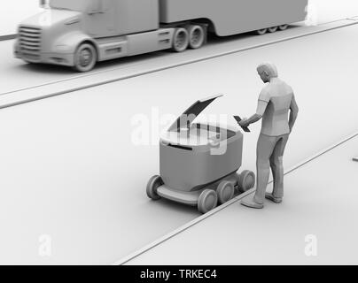 Clay rendering of low polygon style man using smartphone unlock and pick up parcel from self-driving delivery robot. Last one mile concept Stock Photo