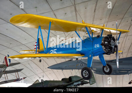 Boeing-Stearman Model 75 (PT-17) trainer biplane at the Imperial War Museum, Duxford, Cambridgeshire, UK Stock Photo