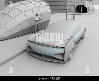 Low polygon style people use smartphone to request a self driving car for moving. Ride sharing concept. 3D clay rendering image. Stock Photo