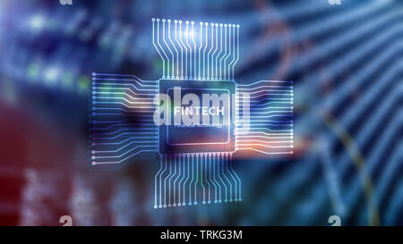 Fintech icon on abstract financial technology background. Cpu icon on server room data center blurred background Stock Photo