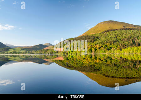 Spring time reflections of woodland and fells at Loweswater, Lake District National Park, England, UK Stock Photo