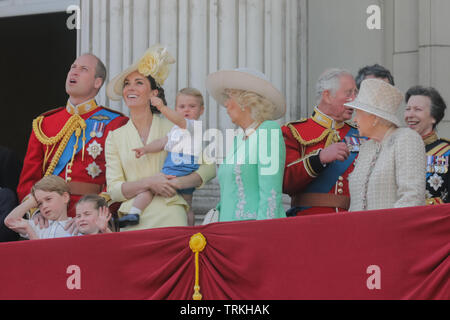 One year old Prince Louis steals the show on his debut public engagement.Appearing on the Buckingham Palace balcony, to watch the fly-past with his parents, TRH The Duke and Duchess of Cambridge, and his siblings, Prince George and Princess Charlotte. Trooping the Colour, The Queen's Birthday Parade, London, UK Credit: amanda rose/Alamy Live News Stock Photo