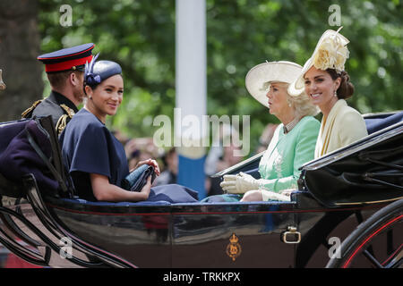 London, UK. 08th June, 2019. HRH Prince Harry, Duke of Sussex, HRH Meghan, Duchess of Sussex, HRH Catherine, Duchess of Cambridge, HRH Camilla, Duchess of Cornwall, share an open top carriage along The Mall. Trooping the Colour, The Queen's Birthday Parade, London UK Credit: amanda rose/Alamy Live News Credit: amanda rose/Alamy Live News Stock Photo