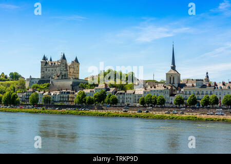 Saumur, city view with castle and church of Saint Pierre on river Loire, Maine et Loire, Pays de la Loire, France Stock Photo
