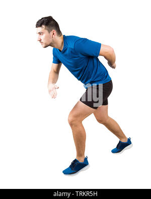 Side view full length of determined caucasian man runner standing in running position looking ahead confident. Young guy sprinter wearing black and bl Stock Photo