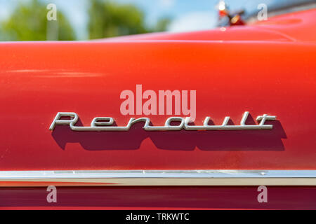 Wattrelos,FRANCE-June 02,2019: view of the Renault Dauphine brand and logo. Stock Photo