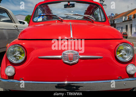 Wattrelos,FRANCE-June 02,2019: front view of the red Fiat Nuova 500,car exhibited at the 7th Retro Car Festival at the Renault Wattrelos ZI Martinoire. Stock Photo