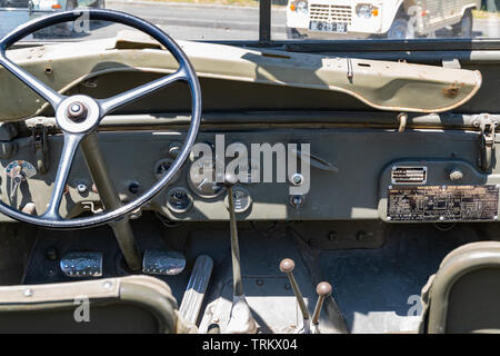 Wattrelos,FRANCE-June 02,2019:view of the Willys MB steering wheel and dashboard. Stock Photo