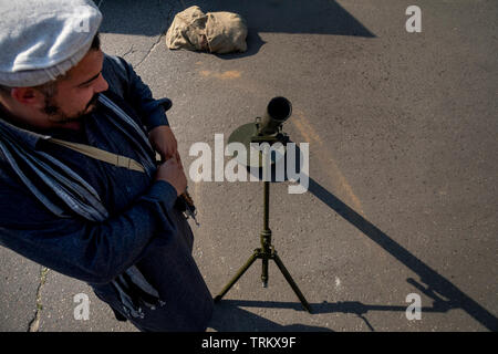 Afghan rebel during historical reconstruction USSR war campaign in Afghanistan (from 1979 to 1989) during the festival of Times and Epochs Stock Photo