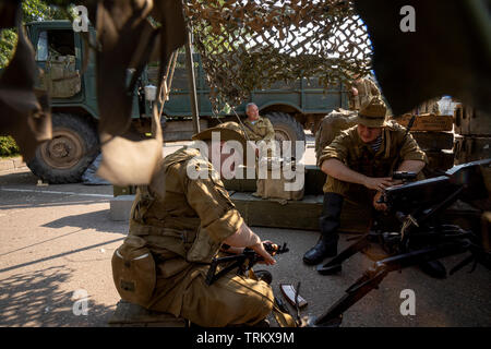 Reconstruction of the Soviet army field camp in Afghanistan during the Afghan war (1979-1989) as part of the times and epoch festival in Moscow Stock Photo