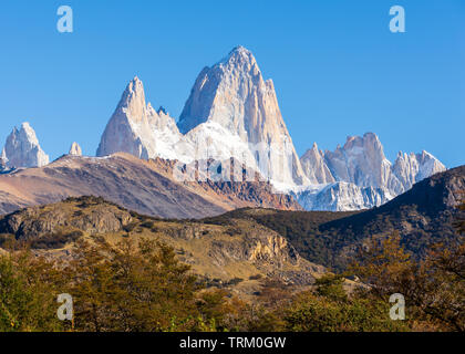 A view of the Fitz Roy mountain, part of the Andean mountain range outside the town of El Chalten in the Patagonia region of Argentina. Stock Photo