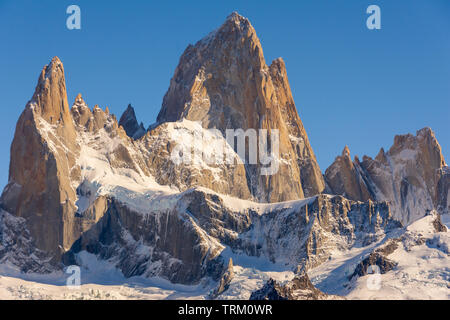 A close up view of the Fitz Roy mountain, outside the town of El Chalten in the Patagonia region of Argentina. Stock Photo