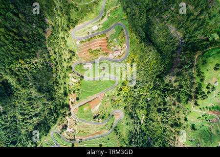 Europe, Spain, Canary Islands, La Palma, Unesco Biosphere site, aerial view of a winding mountain road Stock Photo