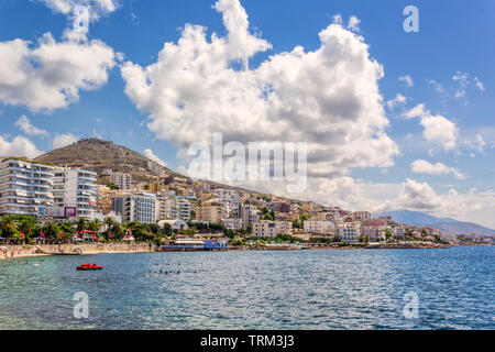 Sarandë or Saranda is a coastal town in Vlorë County, southern of Albania. Geographically, it is situated on an open sea gulf of the Ionian Sea in the Stock Photo