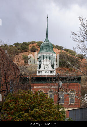 Bisbee, AZ/USA-03-13-2019:  Old Clock Tower Steeple in Bisbee, AZ Stock Photo