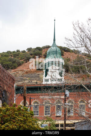 Bisbee, AZ/USA-03-13-2019:  Old Clock Tower Steeple in Bisbee, AZ Stock Photo