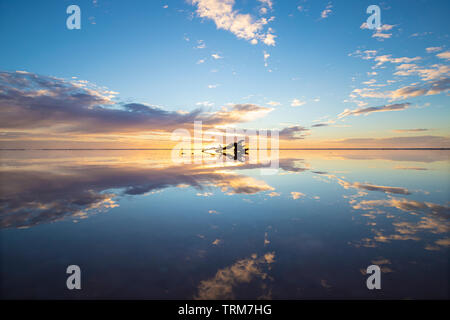 Reflections on Lake Tyrrell Victoria Australia, a natural mirror at sunrise. Stock Photo