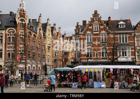 Market in front of the Statue of Jacob van Artevelde on the Friday market in Ghent Stock Photo
