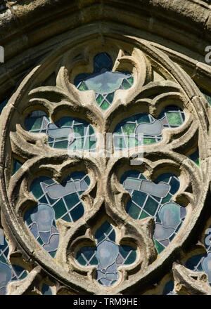 Window details at St Michaels and all angels church, Taddington village Derbyshire UK Stock Photo