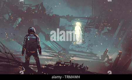sci-fi scene of the futuristic man facing the glowing girl in abandoned planet, digital art style, illustration painting Stock Photo