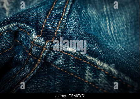 Closeup of Denim Jeans Crotch Point Double Stitched Seams. Denim Stitching Detail. Stock Photo