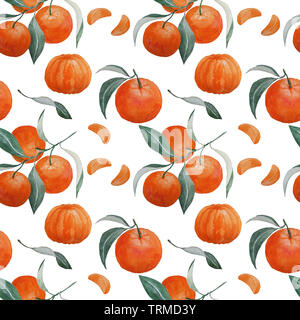 abstract watercolor hand drawn seamless pattern with tangerines, langerine branches, slices and leaves on white Stock Photo