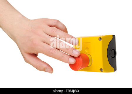 Hand pushing red emergency stop button. Isolated on white Stock Photo