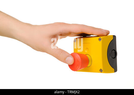 Hand pushing red emergency stop button. Isolated on white Stock Photo