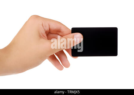 Credit card with empty space hand holding. Isolated on white background Stock Photo