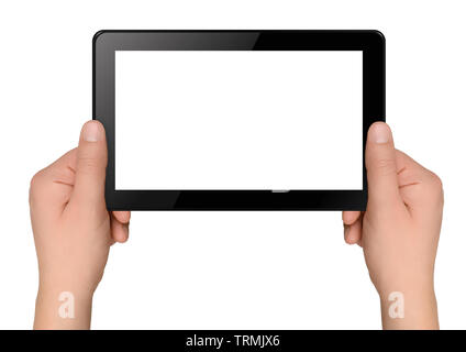 Tablet computer with hands isolated on white background Stock Photo