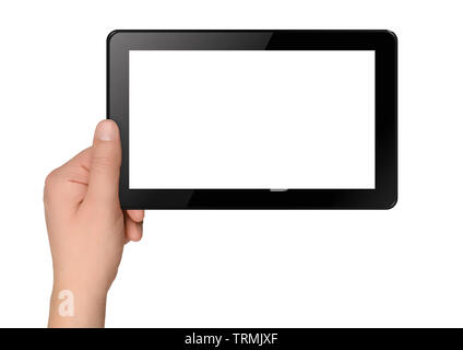 Tablet computer with hands isolated on white background Stock Photo