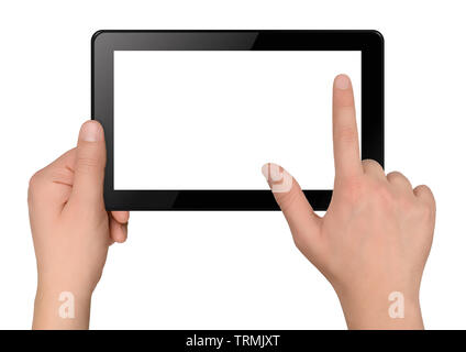 Tablet computer with hands isolated on white background Stock Photo