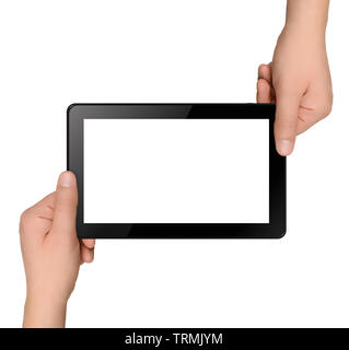 Tablet computer with hands isolated on white background Stock Photo