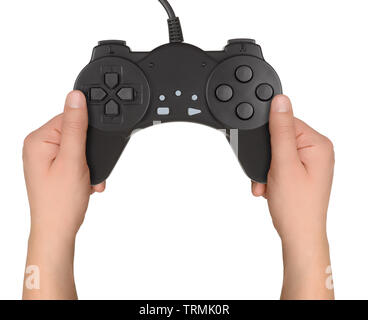 Joystick in hands isolated on white background Stock Photo
