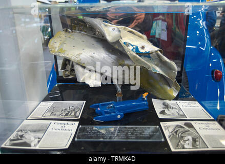 Display of part of the wreckage of Donald Campbell's 'Bluebird' recovered from Coniston Water, The Lake District National Park, UK, GB. Stock Photo