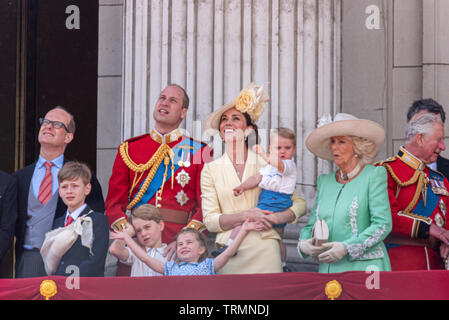 Royal Family watching the Queen's Birthday Flypast from the balcony of Buckingham Palace, London, UK after Trooping the Colour 2019. Prince Louis Stock Photo