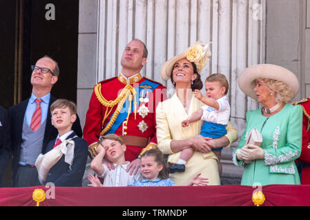 Royal Family watching the Queen's Birthday Flypast from the balcony of Buckingham Palace, London, UK after Trooping the Colour 2019. Prince Louis Stock Photo