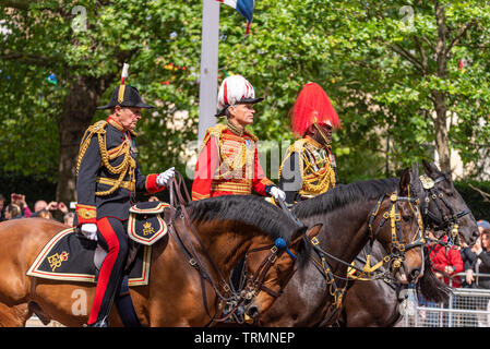 Ceremonial dress uniforms of officers of British Army Household Cavalry mounted soldiers at Trooping the Colour 2019, London, UK. Plumage Stock Photo