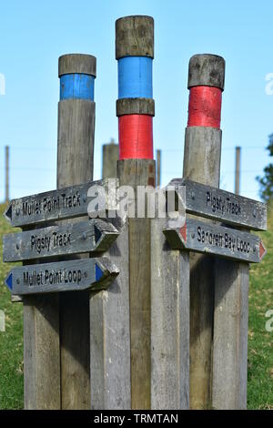 Round poles with color coded bands and wooden signs with walking tracks ...