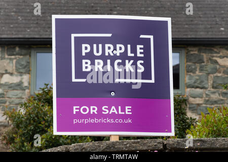 Purple bricks estate agents for sale sign outside a house, UK Stock Photo