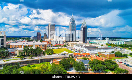 Drone Aerial View of Downtown Mobile Alabama AL Skyline Stock Photo