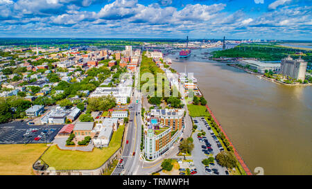 Savannah, Georgia, USA Downtown Skyline Drone Aerial Stock Photo