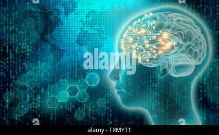 PCB brain with 3d render human head profile. Artificial intelligence or AI concepts. Futuristic science and technology mixed media illustration. Stock Photo