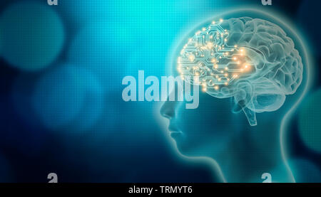 PCB brain with 3d render human head profile. Artificial or machine intelligence or AI concepts. Futuristic or advanced computer science and technology Stock Photo