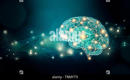 Human brain connexions illustration with abstract background and plexus lines network and copy space. Cerebral or neuronal activity concepts. Stock Photo