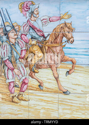 Hernan Cortes arrives Mexico. Conquest of Aztec Empire scene. Glazed tiles wall Stock Photo