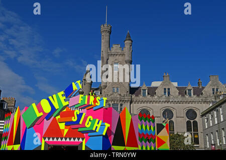 Morag Myerscough installation Love At First Sight in the Mercat, Castlegate, Aberdeen, Scotland, UK - Aberdeen Art Festival 2019 Stock Photo