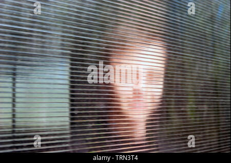 Blurred Smiling Young Face behind Dusty Fluted, Ribbed Glass or Clear Polycarbonate Corrugated Sheet. Online Anonymous, Anon Communication, False Iden Stock Photo