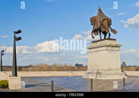 St. Louis celebrates 250 years with a birthday cake ornament near the statue of Saint Louis for the St. Louis Art Museum on an April day in 2014. Stock Photo